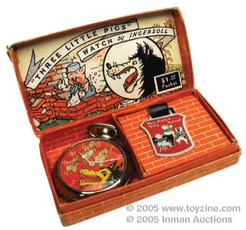 Ingersoll, the set includes a child’s pocket watch, fob and amusing Three Little Pigs with Big Bad Wolf