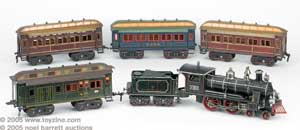 One of the true highlights of the Kimball collection is this Marklin gauge II passenger set. It is powered by a steam engine