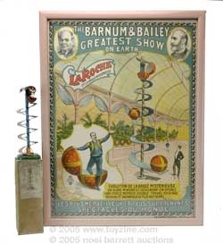 poster advertises a remarkable circus act that delighted circus fans around 1900. To the left is a wonderful French toy by Martin