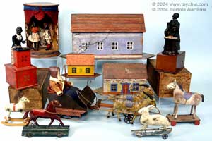 rare Santa drawn by goats clockwork toy made by Althof Bergman, two, different Ives Preachers on base (each with original box),