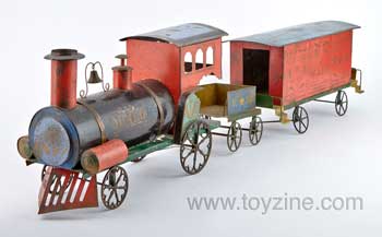 Early American Tin Locomotive, Baggage Car and Coal Tender