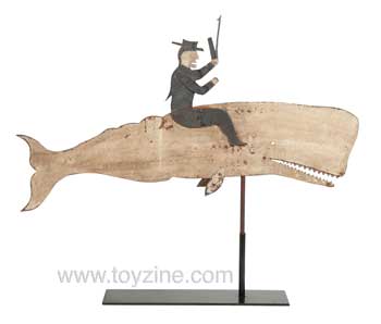 Paint Decorated Sheet Iron Whale and Whaler Weathervane