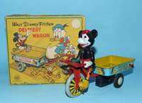 LINEMAR DISNEY MICKEY MOUSE TIN DELIVERY WAGON & BOX Superb N-Mint Friction Toy w/Scarce Original Box