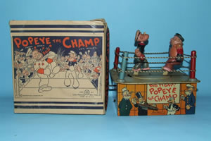 MARX POPEYE CHAMP BIG FIGHT CELLULOID TIN WINDUP & BOx Outstanding 1936 Character Boxing Toy w/Scarce Orig Box