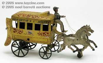 Stevens & Brown circa 1872 New York omnibus of painted and stenciled tin with robust clockwork motor