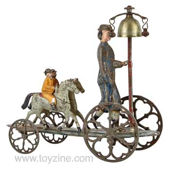 Figure and Two Small Horses on Tin Bell Toy