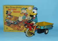 LINEMAR DISNEY DONALD DUCK TIN DELIVERY WAGON & BOX Excellent Friction Character Toy w/Scarce Original Box