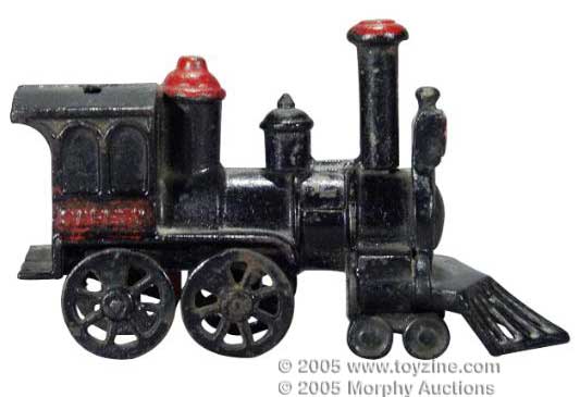 Safety Locomotive cast-iron still bank, 5½in tall, replaced cowcatcher