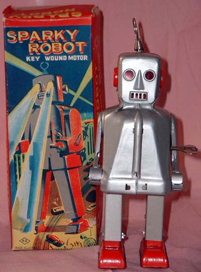 SPARKY ROBOT, KO JAPAN, 1950S, JAPAN, classic iconic boiler-plate tin robot, near mint in similarly impressive box