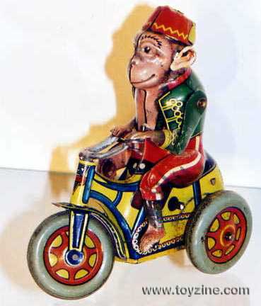 Monkey on a threewheeler tin windup US.Zone Germany by Arnold 1950s